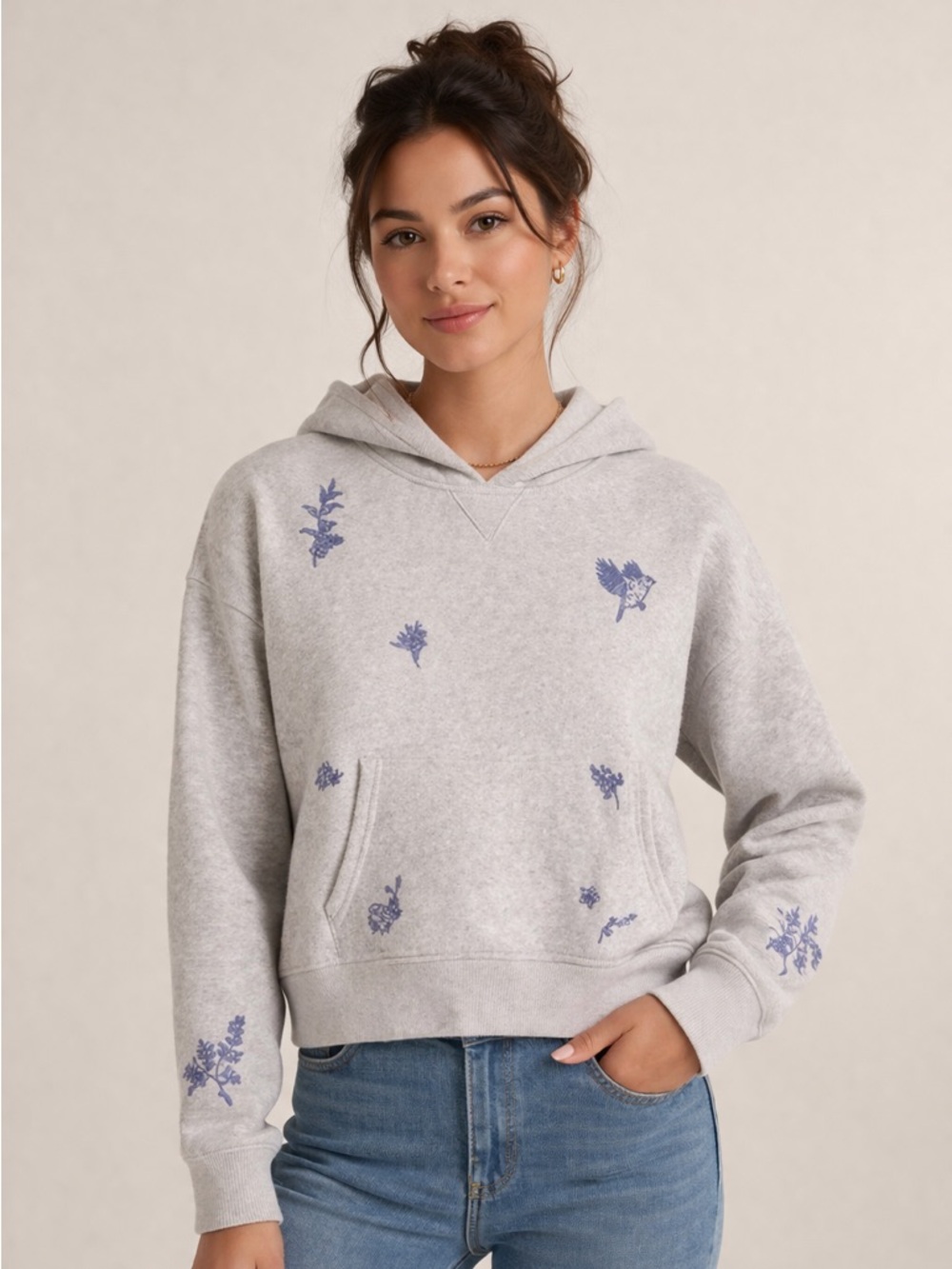 Abercrombie & Fitch Essential Hoodie Light Gray Embroidered Floral Size XS